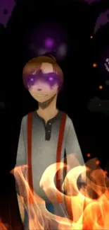 Cartoon character with purple eyes surrounded by flames and dark background.