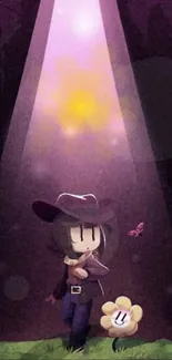 Cartoon character and flower in a mystical forest under spotlight.