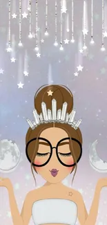 Cartoon princess with moons and stars in lavender background.