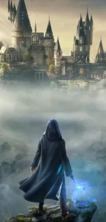 Cloaked figure with staff facing enchanted castle.