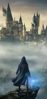 A robed figure overlooks a mystical castle shrouded in fog.