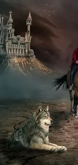 Mystical castle with wolf and rider in a dark fantasy landscape.