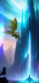 Mystical castle with dragon in vibrant fantasy artwork.