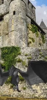 Dragon flying over a medieval stone castle