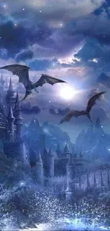 Fantasy castle with dragons under dark blue moonlit sky.