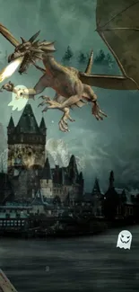 Fantasy scene with dragons flying over a mystical, medieval castle.