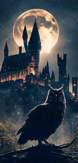 Dark castle and owl under a full moon.