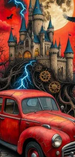 A red vintage car in front of a mystical castle under a stormy sky.