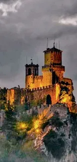 Mystical castle illuminated under cloudy skies at dusk, creating a dramatic scene.