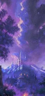 Mystical castle under a vivid purple night sky.