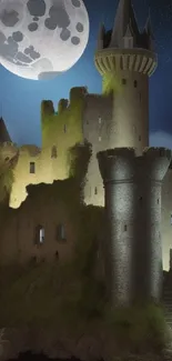 A mystical castle under a full moon at night, creating an enchanting fantasy scene.