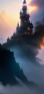 Fantasy castle at sunset with misty mountain backdrop.