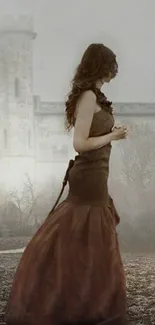 Woman in a brown dress walking near a misty castle.