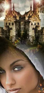 Mystical castle with enchanting beauty portrait.