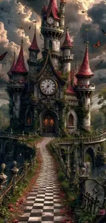 Gothic fantasy castle with clock tower amid enchanted forest.