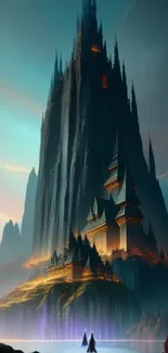 Fantasy landscape with tall mystical castle over a serene water body.