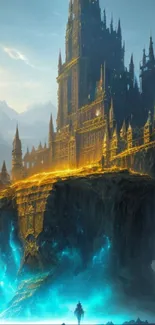 Epic castle with golden glow and mystical aura on a mountainous landscape.