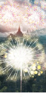 Fireworks against a mystical castle and nature landscape on mobile wallpaper.