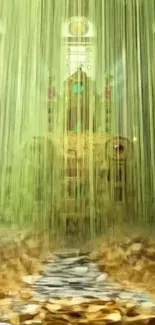 Mystical glowing castle with golden leaves.