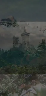 Castle amidst a misty forest landscape with towering trees.