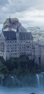 Castle shrouded in fog on a mystical landscape.