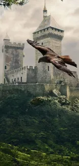 Mystical castle surrounded by lush forest with a flying eagle.