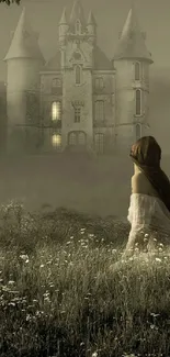 Mystical castle shrouded in mist with a serene ambiance.