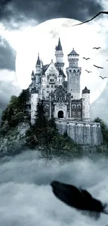 Mysterious castle surrounded by mist and clouds, ideal for fantasy lovers.