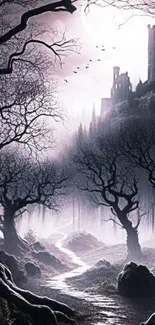 Mystical forest with a castle under moonlight creating a spooky ambiance.