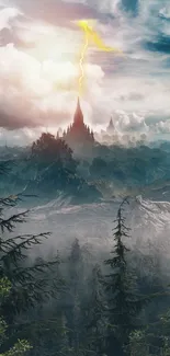 Misty mountain landscape with mystical castle and lightning.