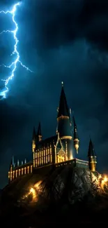 Gothic castle illuminated by lightning under a stormy dark blue sky.