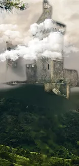 Mystical castle surrounded by clouds and greenery.