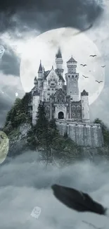 Mystical castle surrounded by clouds under a full moon.