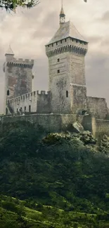 Mysterious medieval castle atop lush green hills.