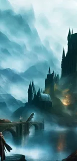 Mystical castle and landscape mobile wallpaper with teal hues.