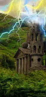 Mystical castle with lightning in lush green landscape wallpaper.