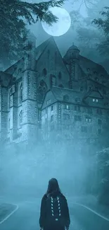 Enigmatic castle under moonlight in a misty forest path.