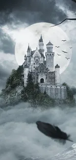 Mystical castle with full moon and fog.