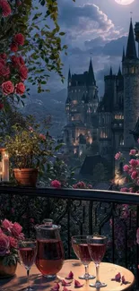 Enchanting castle under moonlit sky with roses foreground.