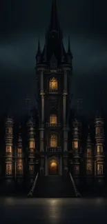 Gothic castle at night with illuminated windows.