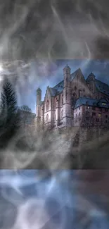 Castle under moonlit sky with misty ambiance.