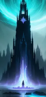 Ethereal castle with a glowing teal aura inspires fantasy and imagination.