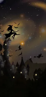 Silhouetted witches flying over a mystical castle under a starry night sky.