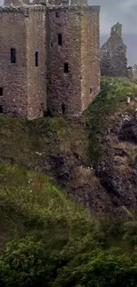 Ancient castle on a cliff with lush greenery background.