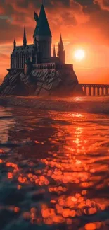 Majestic castle at sunset with ocean foreground.