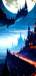 Mystical castle with dragon under moonlight, vibrant fantasy scene.