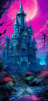 Fantasy castle under pink moonlight, eerie and mystical setting.