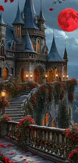 A mystical castle with a red moon and roses, set in a fantasy night landscape.