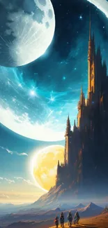 Fantasy wallpaper of a castle beneath twin moons in a starry night sky.