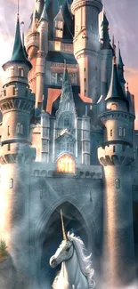 Fantasy castle with unicorn in vibrant hues, perfect for mobile wallpaper.